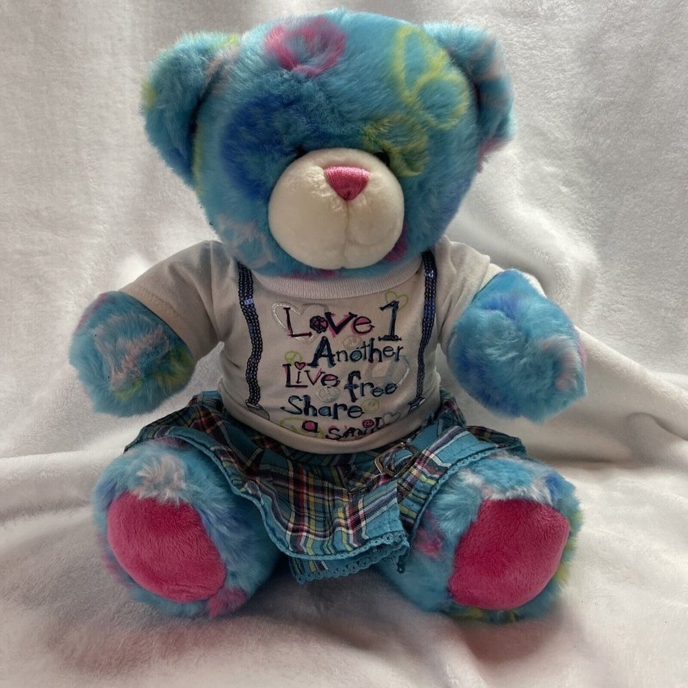 Build aβ Bear Blue Pink Peace Plush 14" Teddy Stuffed Animal With Outfit